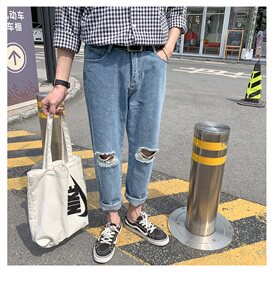 夏季新品破洞牛仔裤男直筒宽松老爹裤九分潮流港风裤子图片