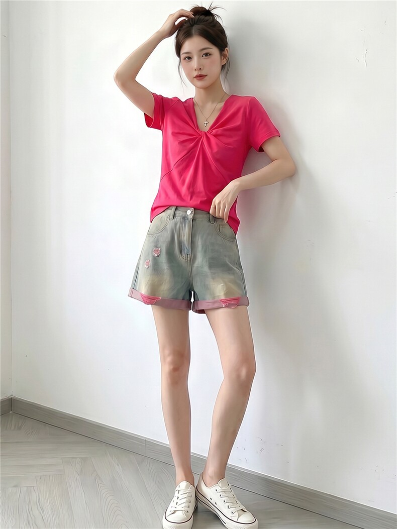 高级感时尚减龄穿搭女夏新款V领扭结设计短袖上衣牛仔短裤两件套,女装套装/套裙,江南