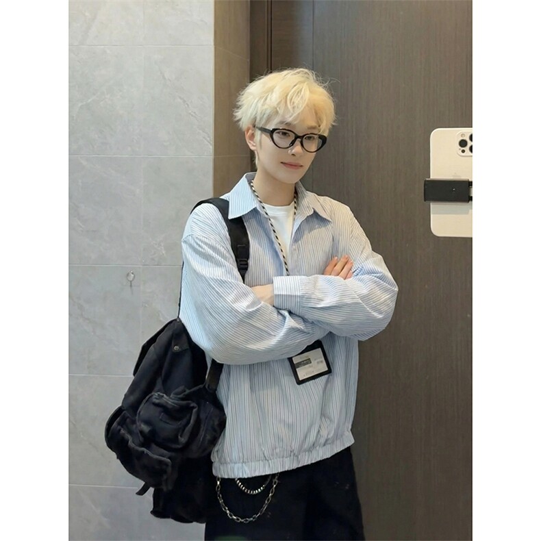条纹宽松显瘦休闲百搭上衣设计感V领套头衬衣HY921TP48控88,男装衬衫,电商A102B