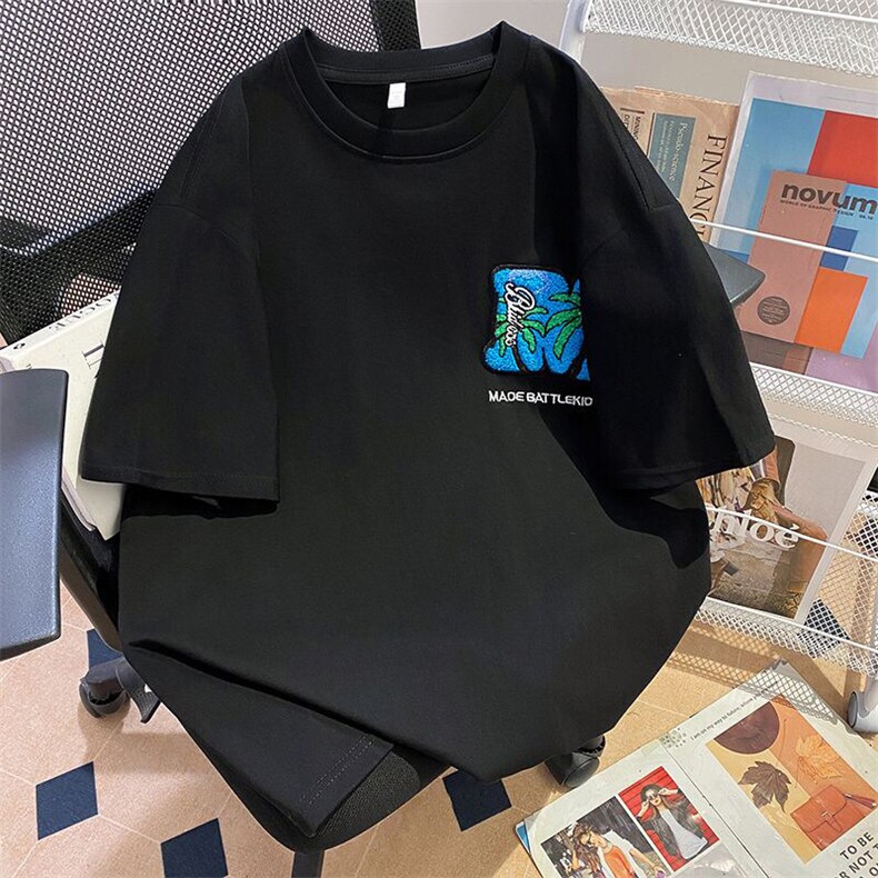 万针全刺绣工艺抖音得物高品质260克重磅纯棉双纱美式高街短袖T恤,男装T恤,电商A486