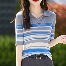 时尚薄款POLO领条纹针织短袖T恤女夏季气质修身百搭短款打底上衣，女装T恤，暖烁羊绒