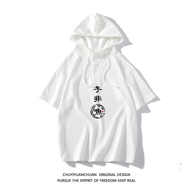 连帽短袖t恤男大码胖子带帽五分袖中袖  白底 LD54070-P45图片