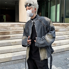 2025秋新款水洗立领收腰腰带垫肩短款牛仔外套夹克JK8962，男装工装外套，星座1108