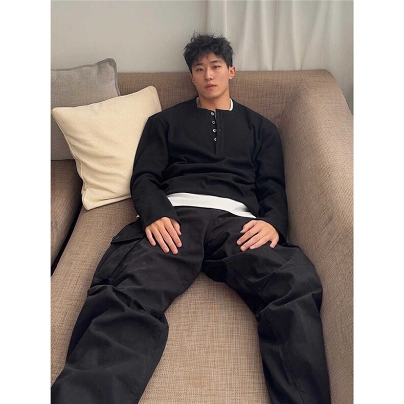 假两件亨利领长袖T恤男秋冬季设计感双面德绒美式潮牌内搭打底衫,男装卫衣,星座603-2