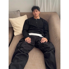 假两件亨利领长袖T恤男秋冬季设计感双面德绒美式潮牌内搭打底衫，男装卫衣，星座603-2