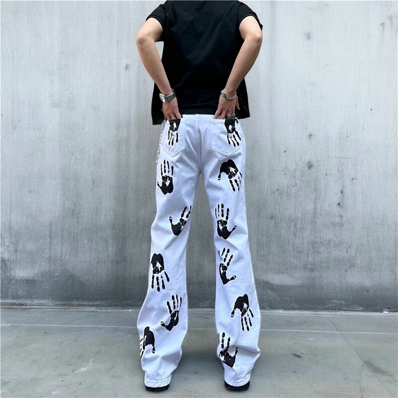 美式微喇裤子高街手掌印白色牛仔裤男女青少年潮牌炸街图案长裤潮,男装牛仔裤,电商A306-2