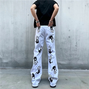 美式微喇裤子高街手掌印白色牛仔裤男女青少年潮牌炸街图案长裤潮图片