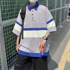 日系夏季新款POLO衫宽松短袖T恤男撞色拼接潮牌上衣PL087-P35，男装Polo衫，星座308B-1