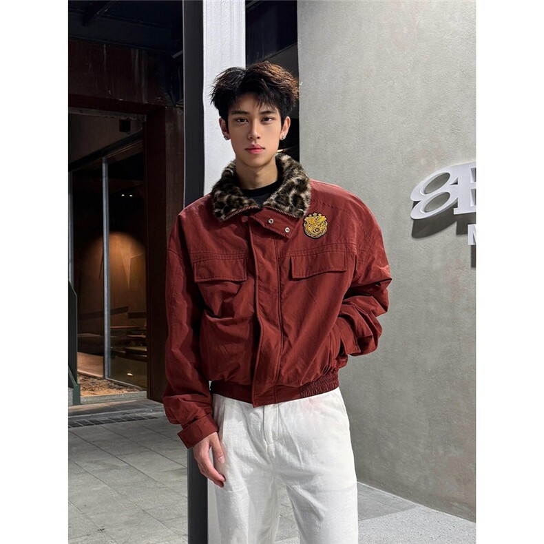 红色豹纹毛领工装棉服男冬季加绒厚座山雕夹克短款外套B145-P95,男装夹克,星座910-1