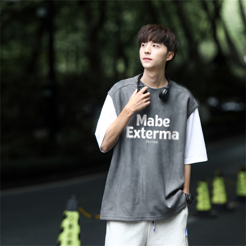 麂皮绒背心坎肩男T恤美式港风潮JB3173-P25控38,男装T恤,电商B370