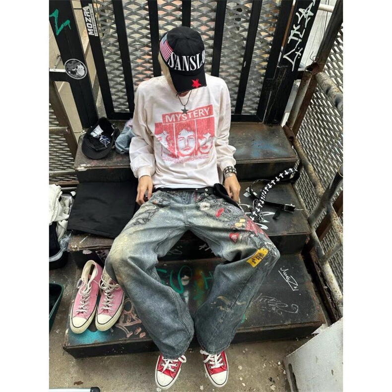 CP1236-P563D立体数码印花裤链水洗泼墨做旧复古阔腿直筒牛仔,男装休闲裤,电商B323A