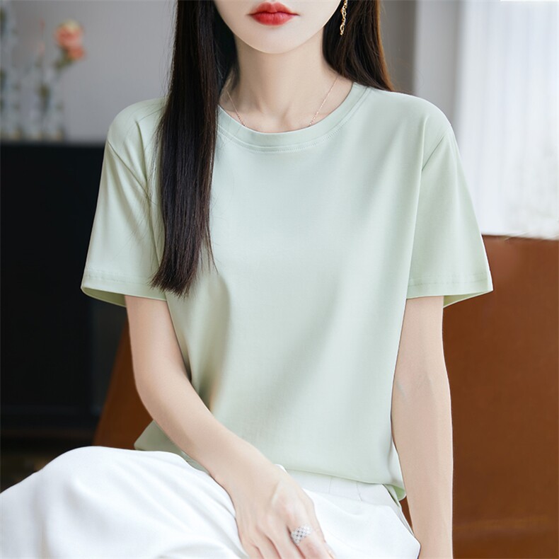 夏季新款简约圆领短袖女宽松百搭显瘦时尚休闲上衣,女装T恤,羊秋羊绒