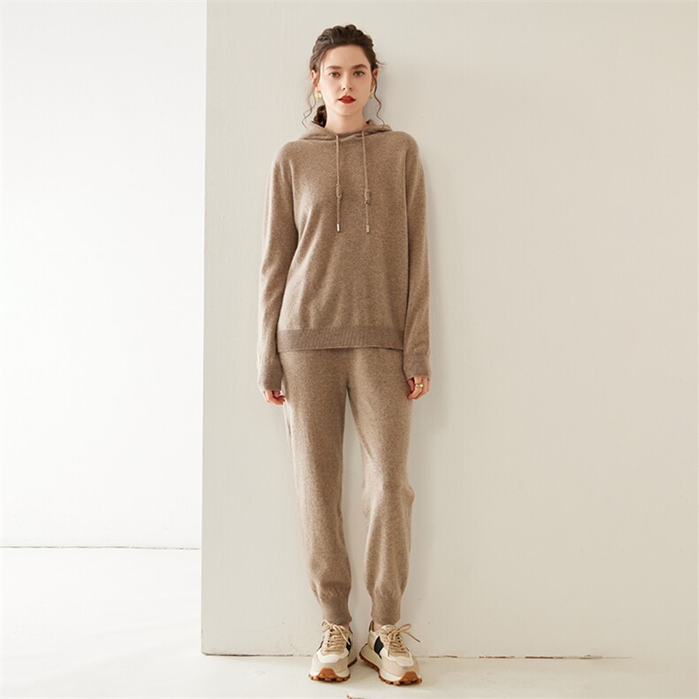 2024年秋季时尚纯色简约气质百搭连帽上衣裤子两件套，女装套装/套裙，雪山红莲