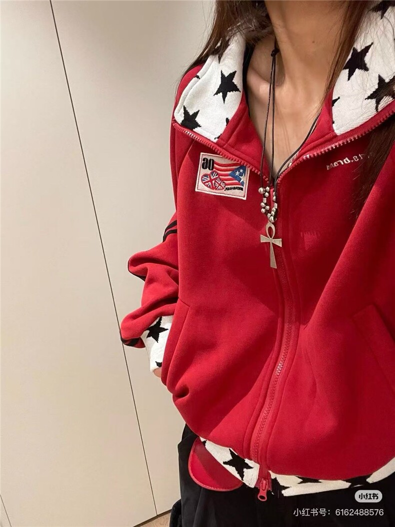 爆爆糖美式复古星星立领卫衣外套运动开衫男女秋拼接撞色宽松上衣,女装短外套,星座613