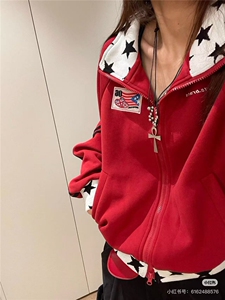 爆爆糖美式复古星星立领卫衣外套运动开衫男女秋拼接撞色宽松上衣图片