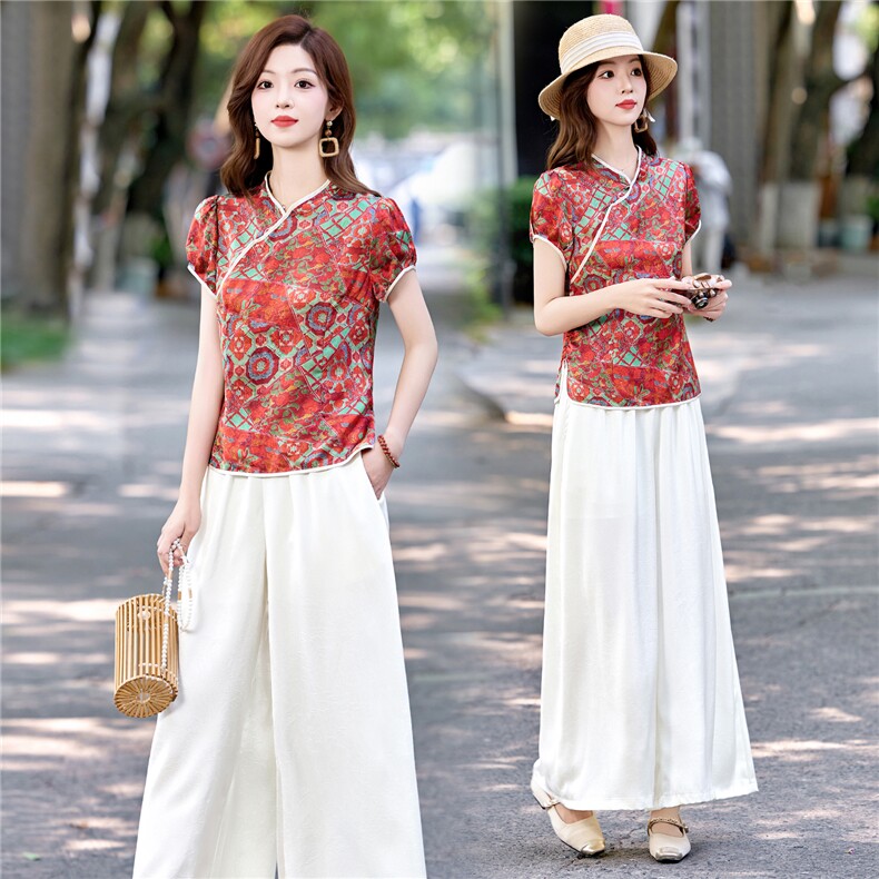 新中式国风气质套装女2025夏季新款复古印花盘扣上衣阔腿裤两件套，女装套装/套裙，妙形