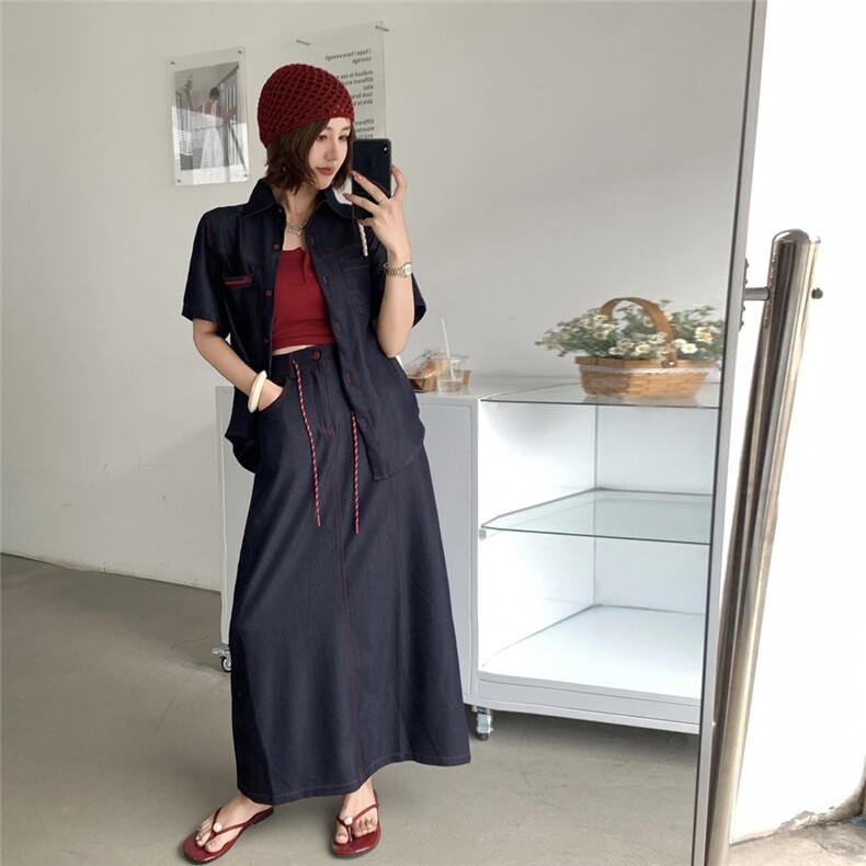 （新款现货）2026夏装短袖大版宽松明线天丝牛仔套装两件套,女装套装/套裙,印象茜