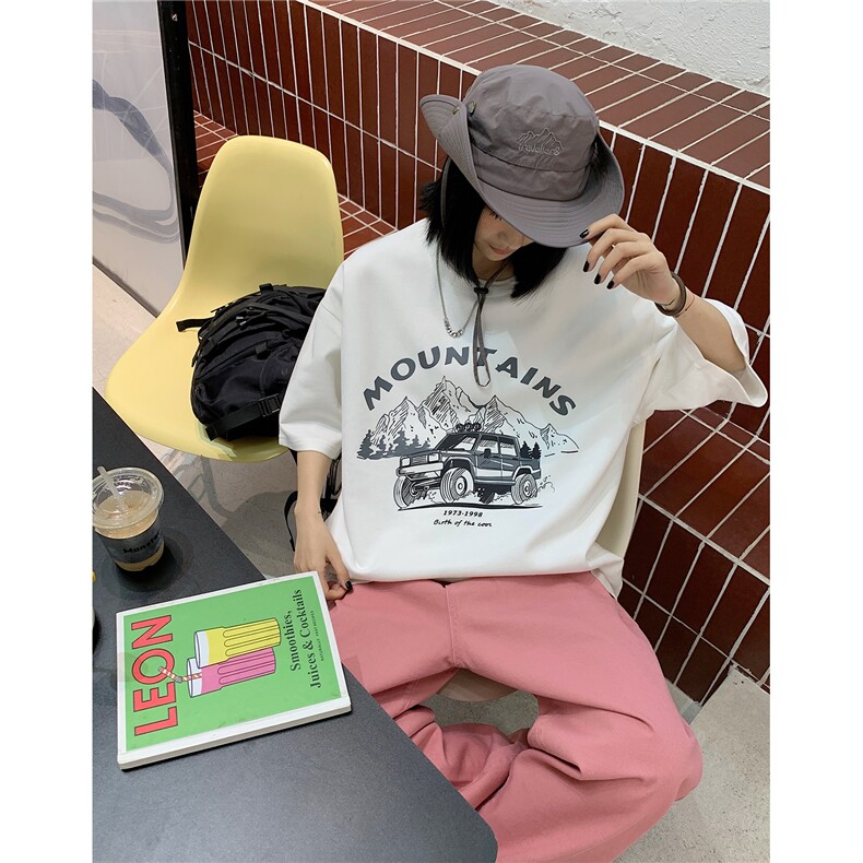 情侣装夏季新款美式复古麂皮绒机车印花圆领宽松半袖T恤D297P38,男装T恤,电商A335-1（原A458）