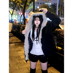 现货重磅硬挺boxy羽绒棉衣座山雕猫耳大毛毛领麂皮棉服冬外套图片