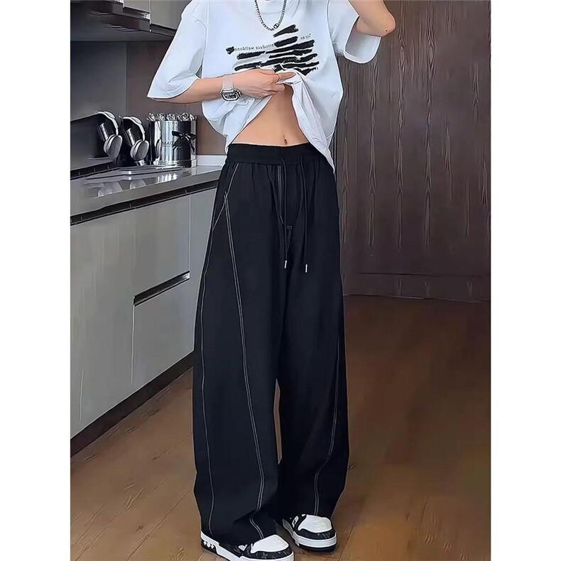 冰丝凉感速干条纹设计明线拼接休闲裤男女夏松紧腰弯刀裤子,男装休闲裤,四季星座505