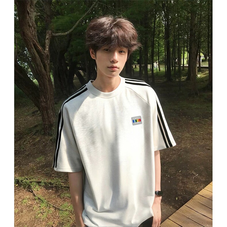 抖音得物高品质二开240克宽松纯棉美式潮牌三条杠织带短袖T恤，男装T恤，电商A486-1