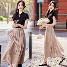 现货2024年新款女夏季时尚潮流气质优雅复古盘扣修身显瘦套装裙，女装套装/套裙，奋斗女王