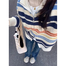拉链翻领羊毛开衫女宽松软糯撞色条纹毛衣外套针织衫休闲M6200，男装针织衫/毛衣，星座1116A（原606A-3）