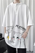 LD54129-P45连帽短袖t恤男大码胖子带帽五分袖中袖，男装T恤，电商A040