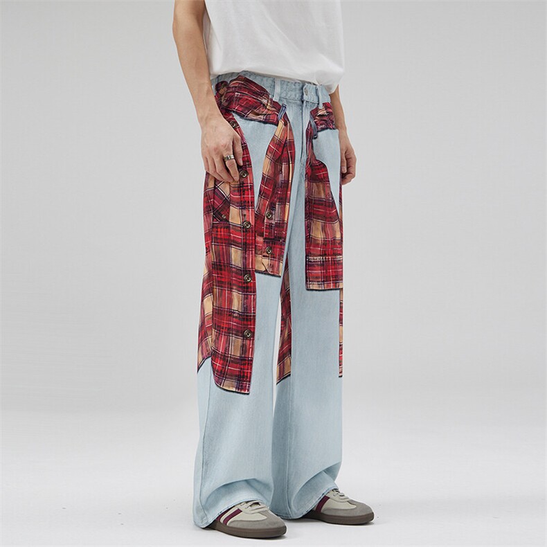 2025春夏美式数码印花格子衬衫立体浅蓝色牛仔裤男直筒宽松A字裤，男装牛仔裤，星座301D-3