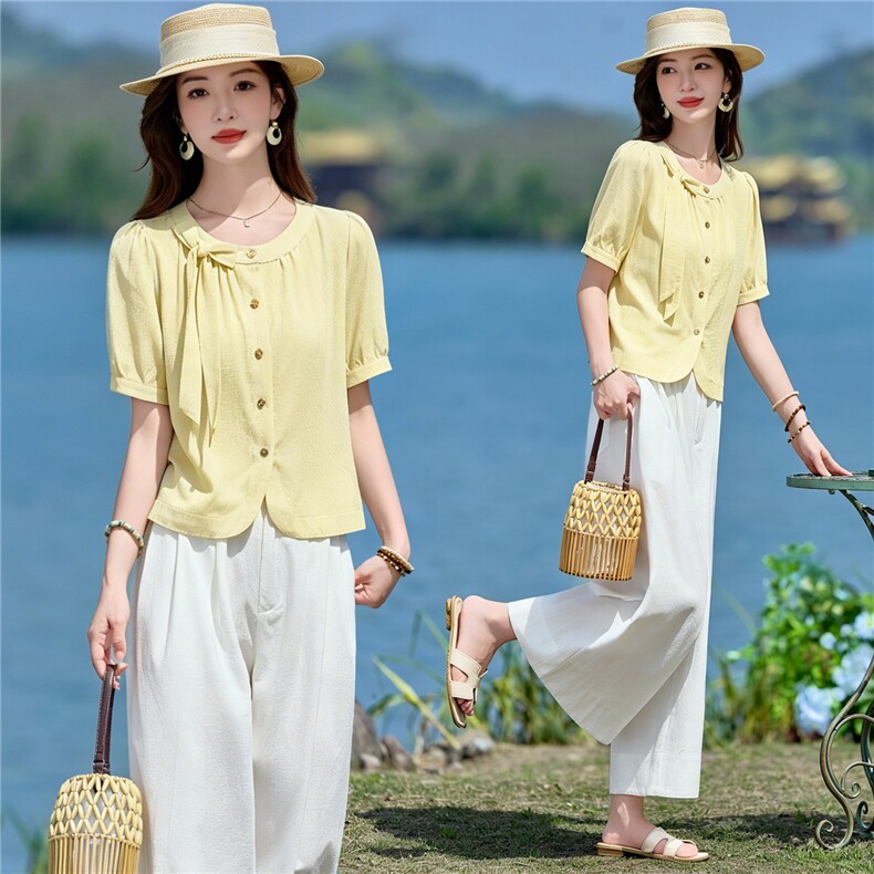 2026年夏季圆领飘带系带衬衫阔腿裤两件套套装女，女装套装/套裙，依路服饰
