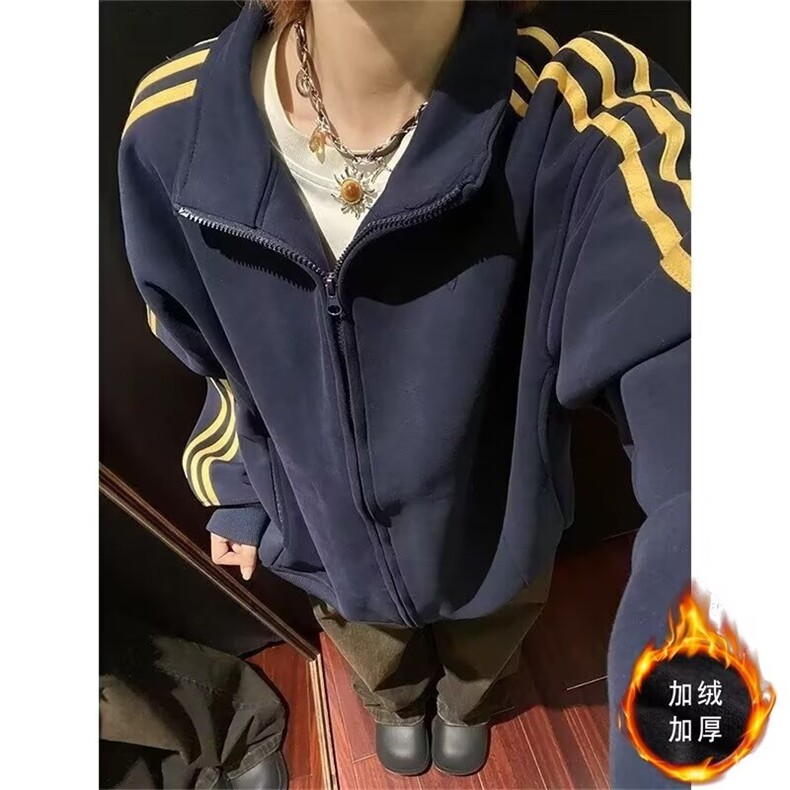 美式复古风显白三条杠连帽开衫卫衣男女2024秋冬加绒外套上衣潮,男装卫衣,星座601-1