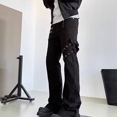 黑色vibe绑带微喇工装牛仔裤男美式高街修身喇叭裤子L84344-P54，男装牛仔裤，星座1008