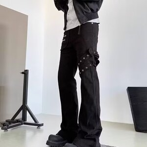黑色vibe绑带微喇工装牛仔裤男美式高街修身喇叭裤子L84344-P54图片