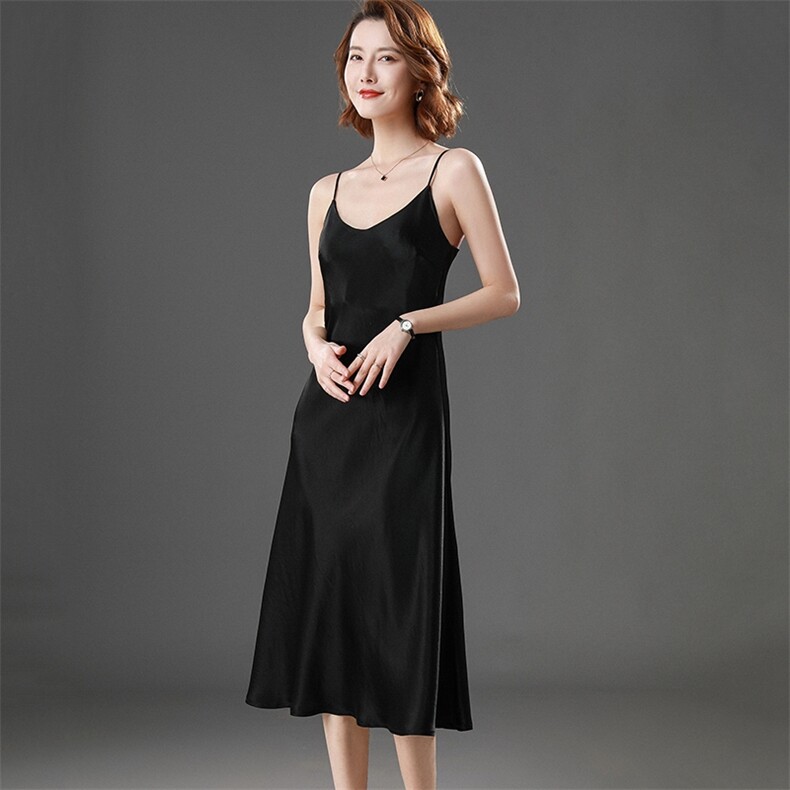 优雅真丝吊带连衣裙女夏季修身显瘦中长款气质名媛风,女装连衣裙,澳冬特羊绒