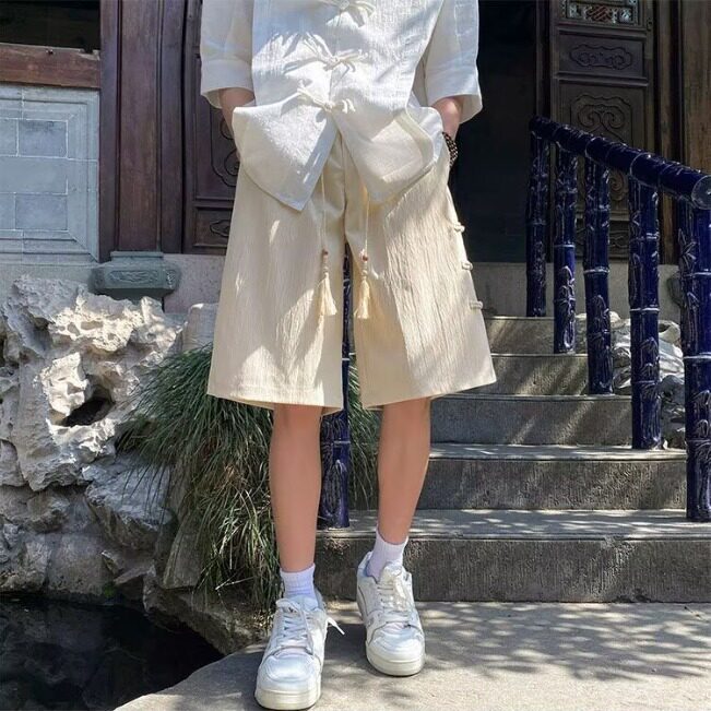 wassuphappy新中式运动短裤男士夏季薄款国潮盘扣宽松休闲五分裤，男装牛仔裤，星座506A