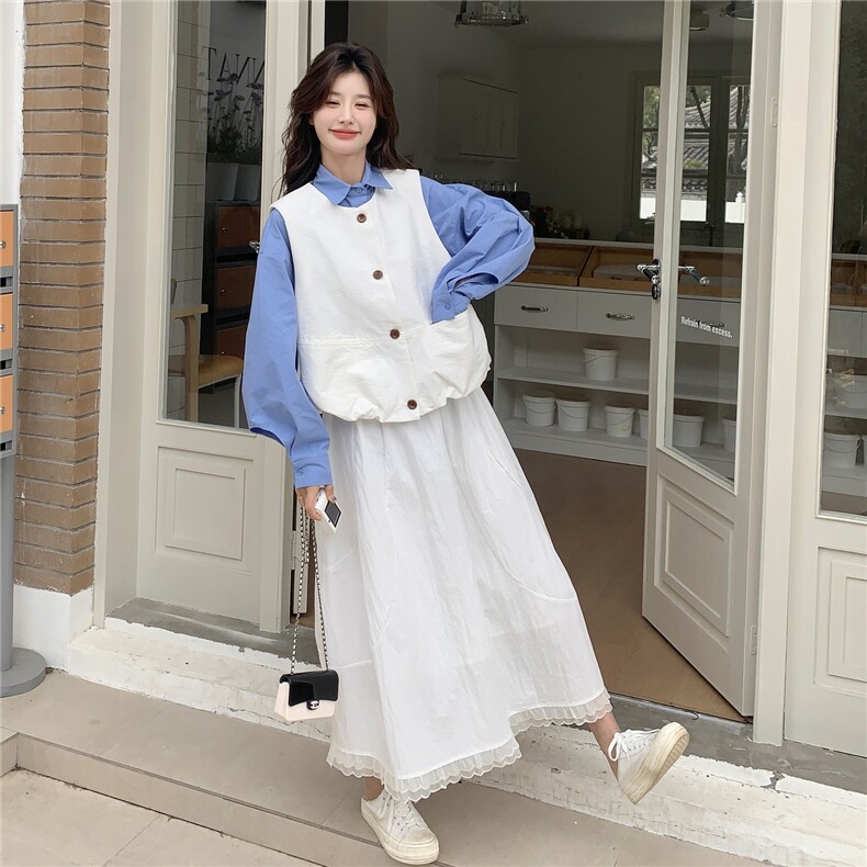 小清新宽松减龄衬衫马甲套装裙女2025秋新款韩系休闲小个子三件套图片