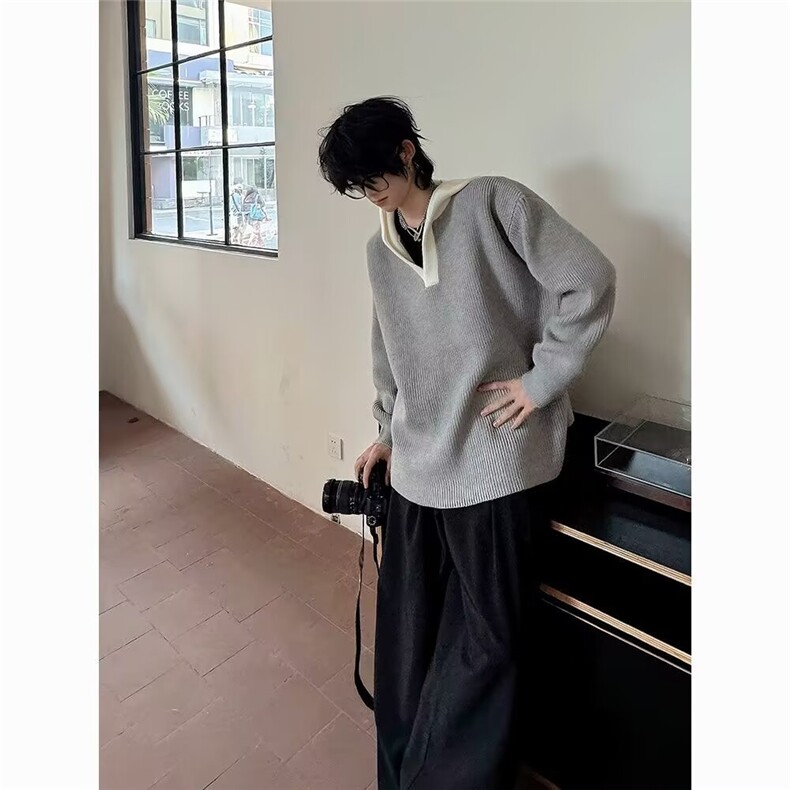 韩系氛围感穿搭V领连帽毛衣男生慵懒松弛感高级感针织衫卫衣外套,男装针织衫/毛衣,星座218-1（原230）