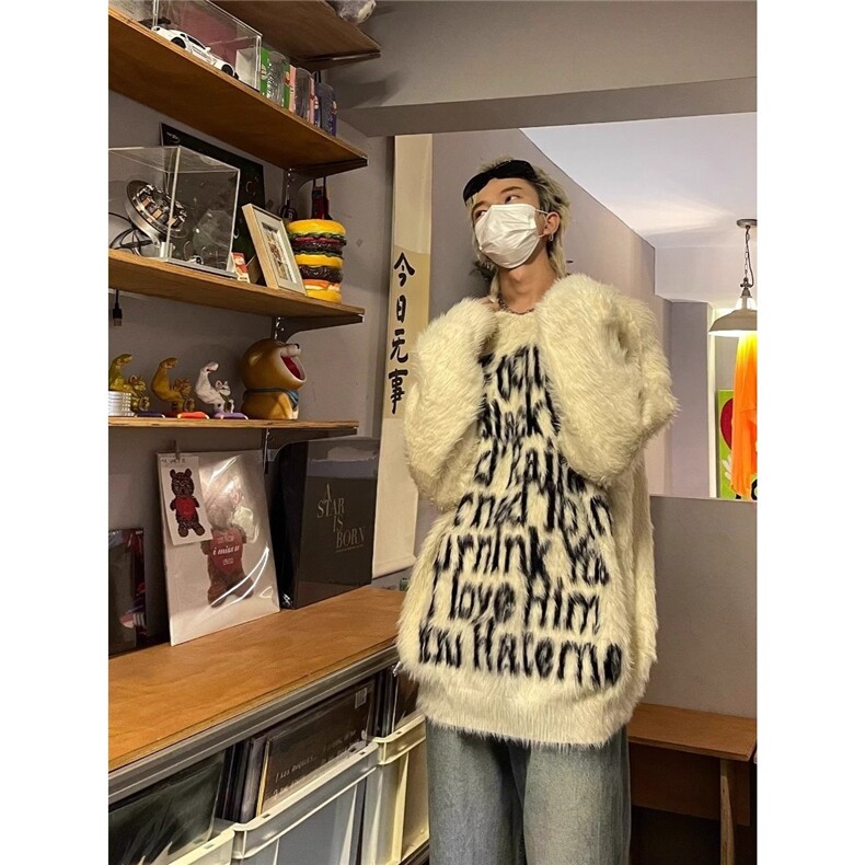 水貂绒字母提花毛衣男女秋冬保暖美式慵懒风连帽针织衫潮宽松外套,男装针织衫/毛衣,星座506A