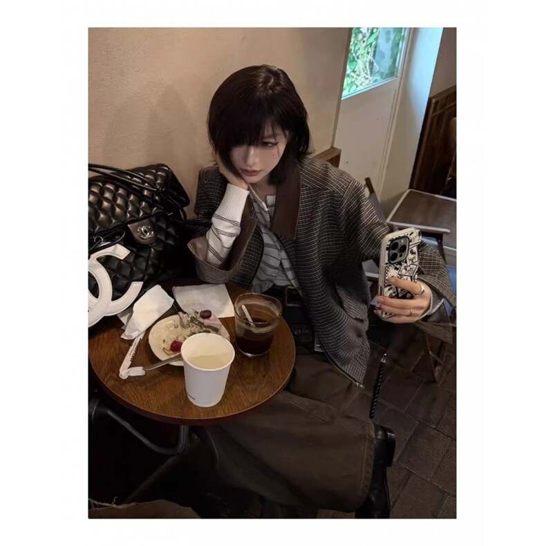 miu系千鸟格短款夹克男秋季灯芯绒领口老钱风外套情侣正肩飞行服,男装夹克,星座1608