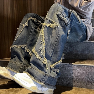 重工秋款男牛仔裤工装裤大口袋五角星流苏渐变色长裤NK128 P60图片