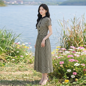 弹力面料学院风格纹连衣裙女春夏收腰显瘦中长裙格子裙子图片