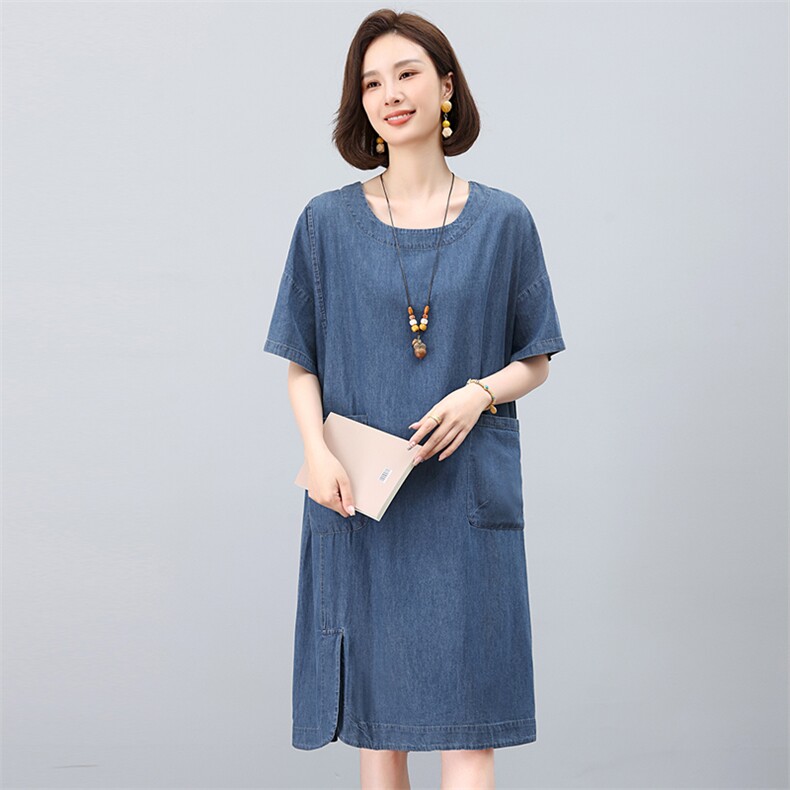 中年妈妈薄款牛仔连衣裙女夏2025新款宽松遮肚子大码显瘦减龄裙子,女装连衣裙,悦见她