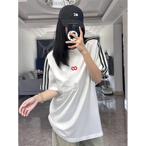 抖音得物高品质二开240克宽松纯棉美式潮牌三条杠织带短袖T恤图片