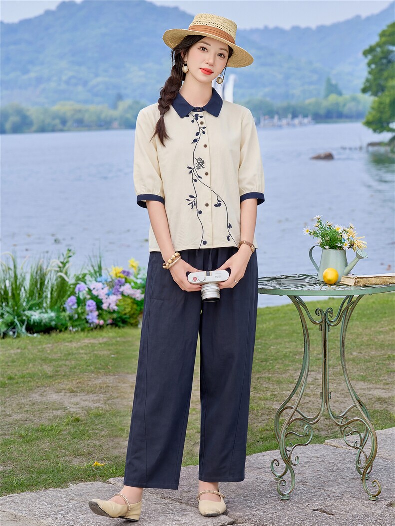 2026年夏季时尚刺绣撞色拼接两件套套装女,女装套装/套裙,依路服饰