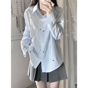 蝶结印花衬衫女2025年夏季新款宽松长袖浅蓝色条纹防晒衬衣上衣图片