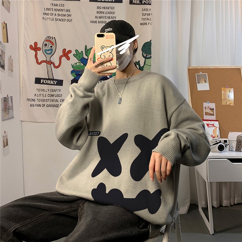 1港风圆领中性情侣潮流大码M-5XL印花加厚毛衣男7024P55加绒P70图片