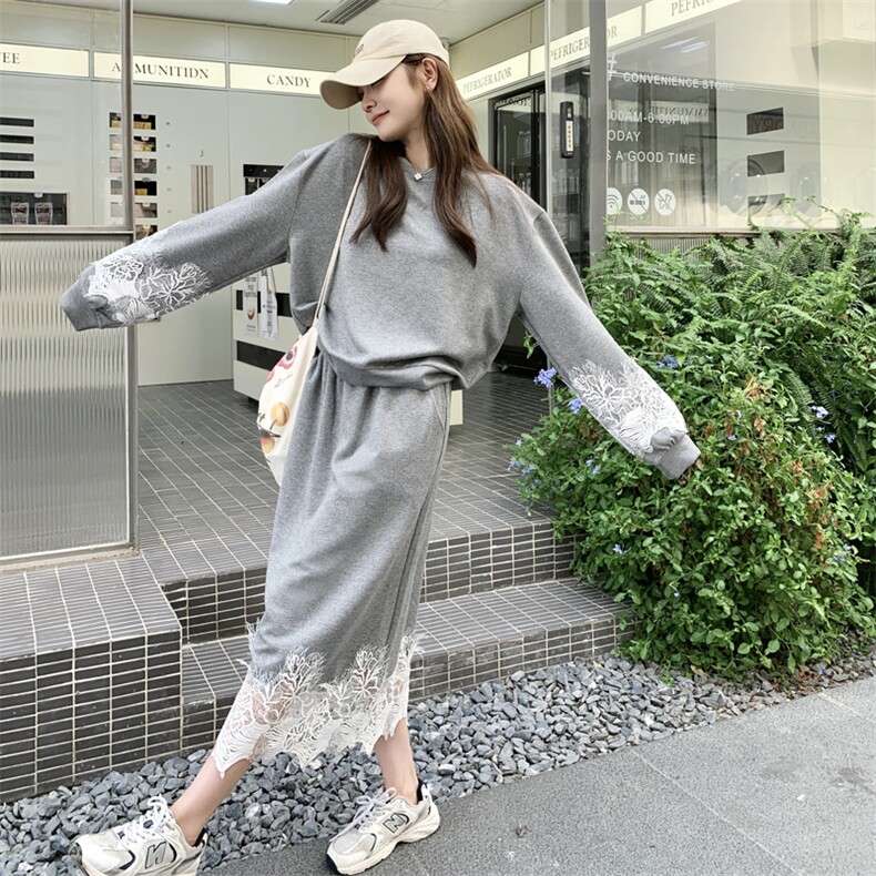高级灰时尚拼蕾丝钩花长袖卫衣半身裙女春季新款学院风，女装运动套装，帛香坊