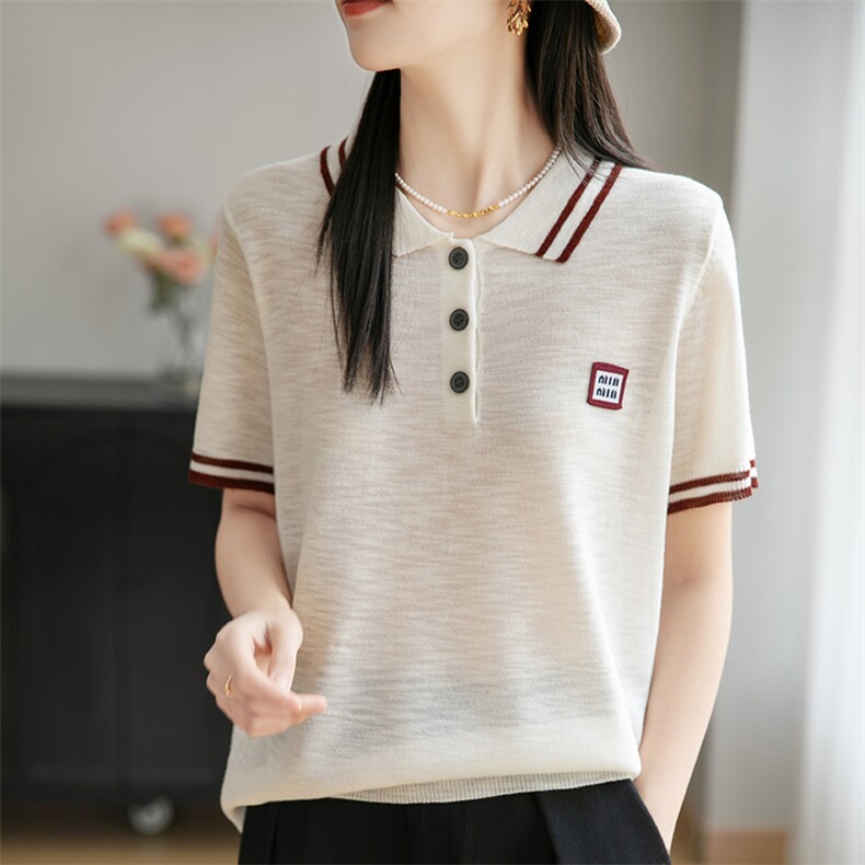 新款polo领短袖上衣翻领时尚休闲百搭夏季新款针织小衫显瘦半袖，女装T恤，菲奥羊绒