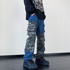 美式重磅迷彩牛仔裤男女夏季复古直筒工装裤阔腿拖地裤K7702-P68，男装牛仔裤，星座1109-3