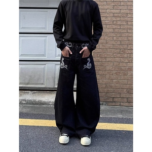 美式复古刺绣阔腿牛仔裤男女高街潮牌百搭直筒裤拖地裤NT9061-P52图片